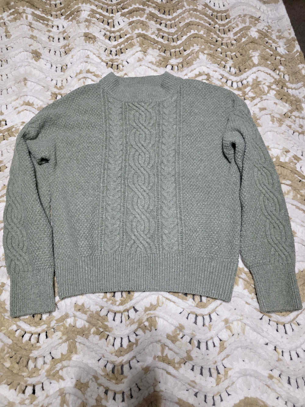 Pink Rose Cable Knit Crewneck Sweater - Sage Green